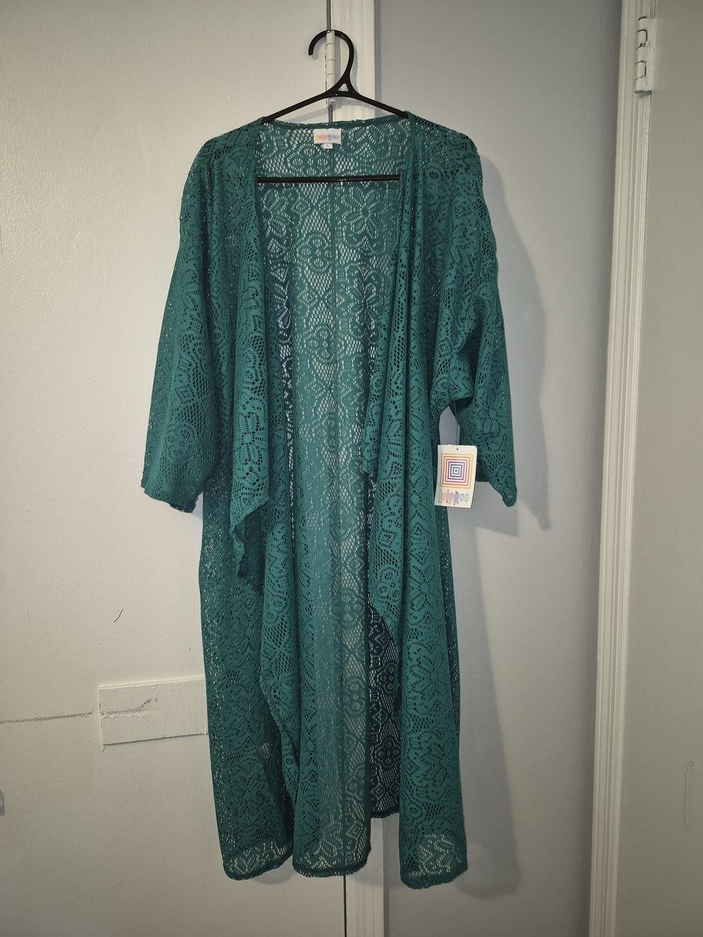 NWT LuLaRoe Large Teal Crochet Lace Duster Cardigan